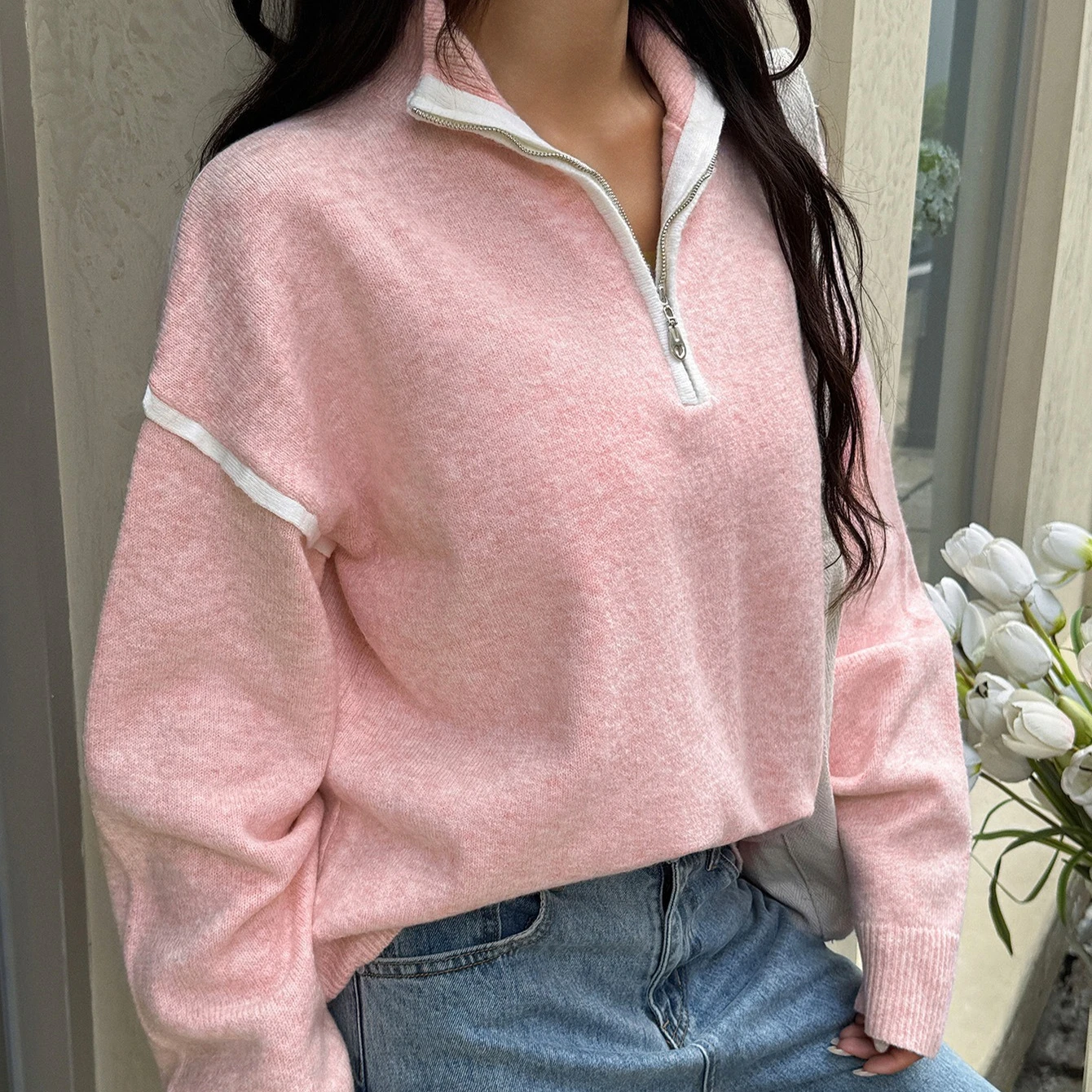 

Yaminiya Women's Fashion Top Oversized Sweater Women Zipper Lapel Warm Spliced Long Sleeved Sweater 2025 Loose Casual Pullover