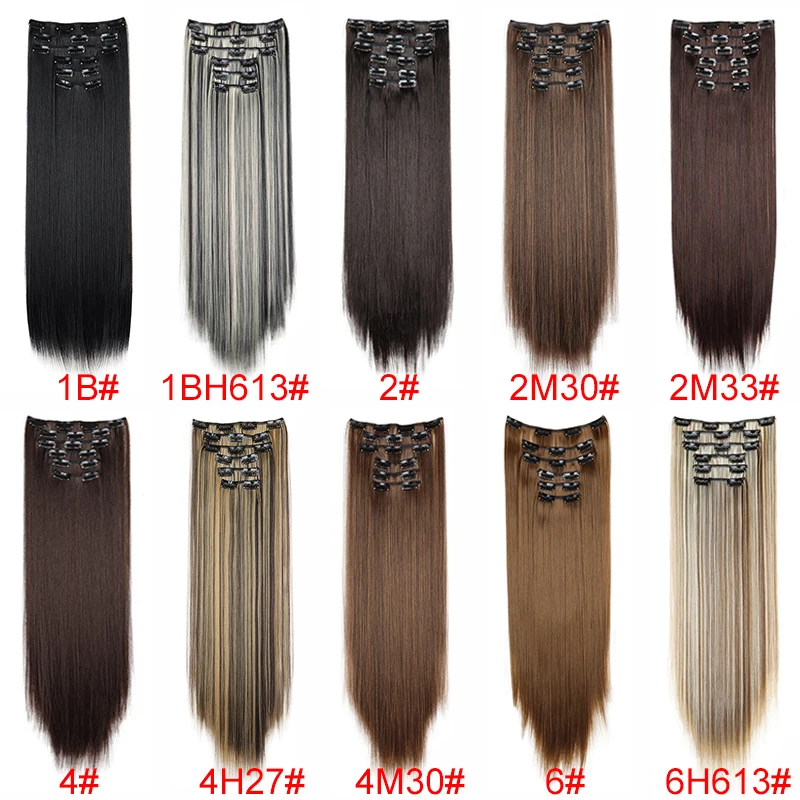 Extensión de cabello sintético de 24 pulgadas con 16 clips, lacia larga, rubia y negra, resistente al calor, para uso diario 3