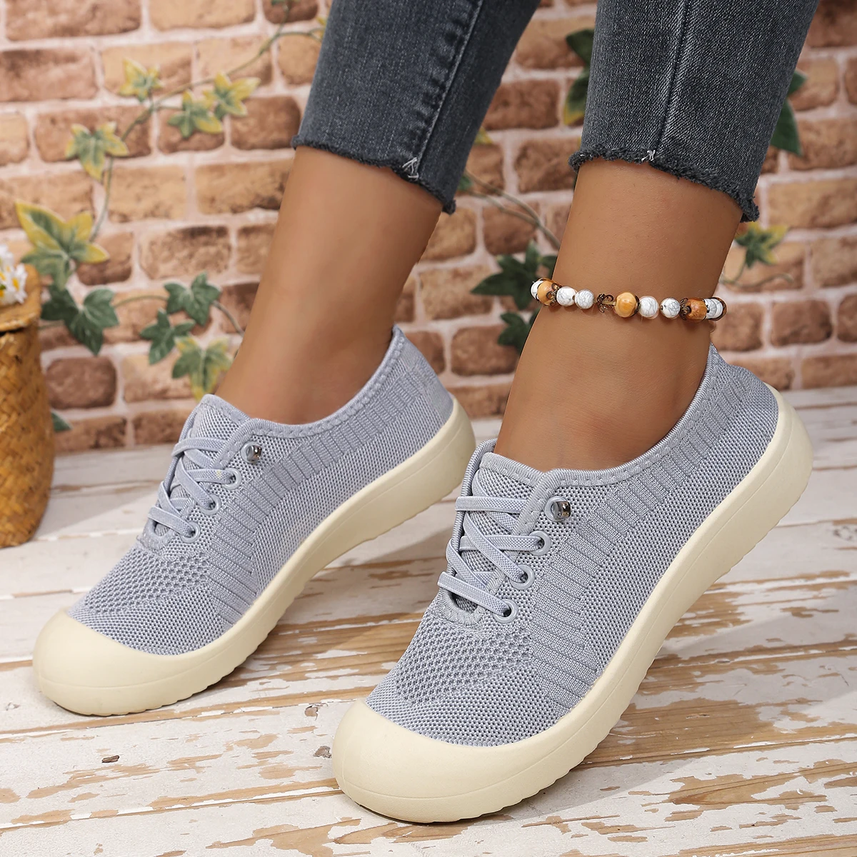 Women's Vertical Striped Hollow Mesh Lace-Up Casual Sneakers, Wrapped Rounded Cream Rubber Toe Cap, Daily Walking Footwear