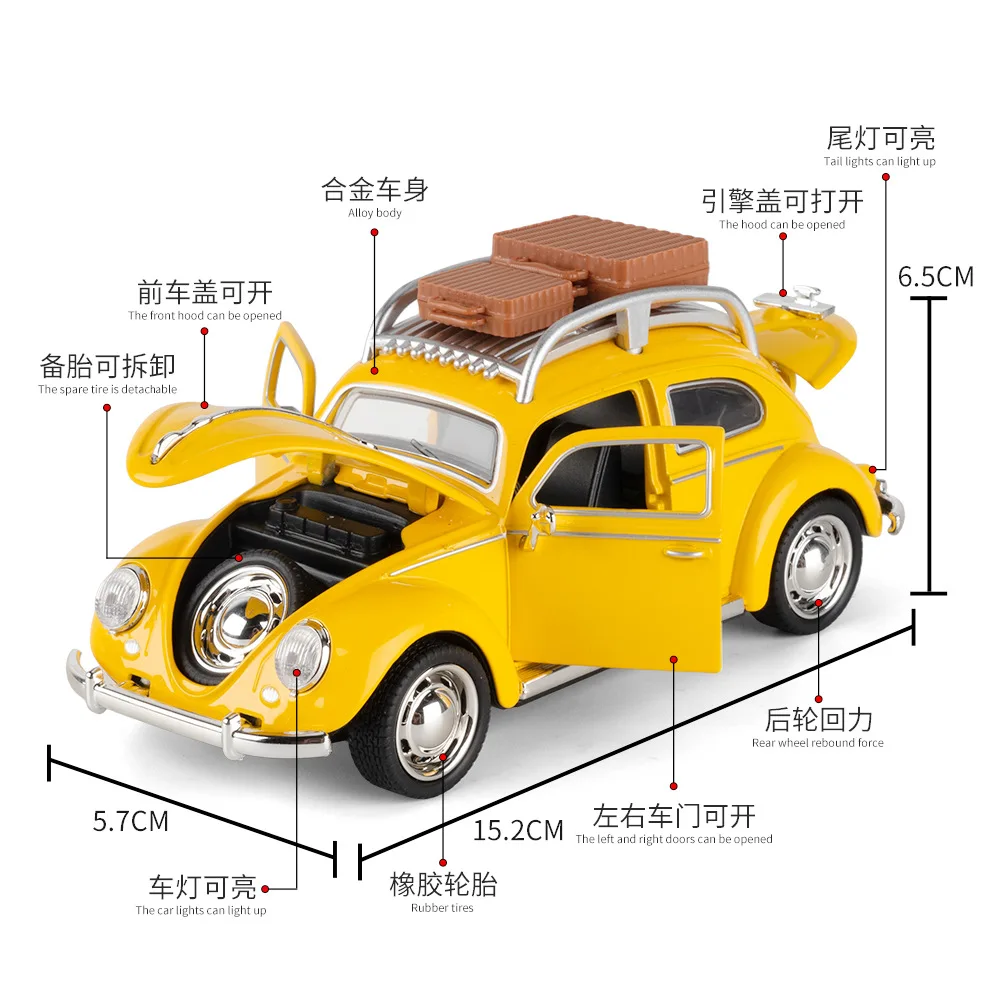 1:32 1955 비틀 미니어처 자동차 합금 다이캐스트 모델 장난감 문 열림 소리와 빛 풀백 차량 어린이 휴일 선물