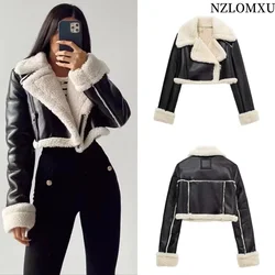 Women's Cropped Leather Jacket Coat Black Wool Blends Coats Bomber Tweed Jacket Autumn Winter Leather and Fur Crop Jacket