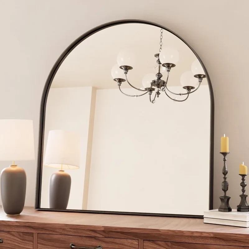 

30 x 33 Matte Black Metal Framed Arch Mirror, Tempered Glass Wall Mounted Decorative Mi