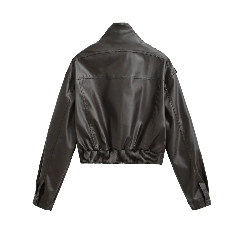 Outono novo estilo casual feminino moda PU imitação de couro gola manga comprida jaqueta de couro slim fit jaqueta curta