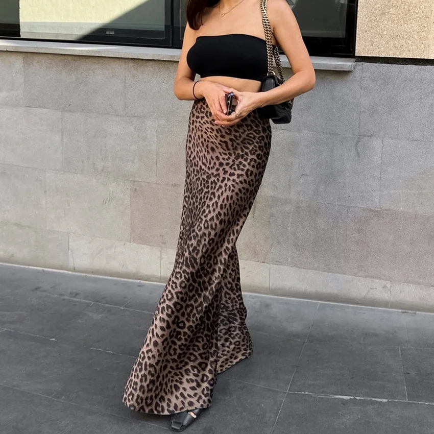 

Fashion Leopard Skirt Sexy Fishtail Gown Smooth Satin Summer Dress Women Elegant Dresses Party Clothes Mujer