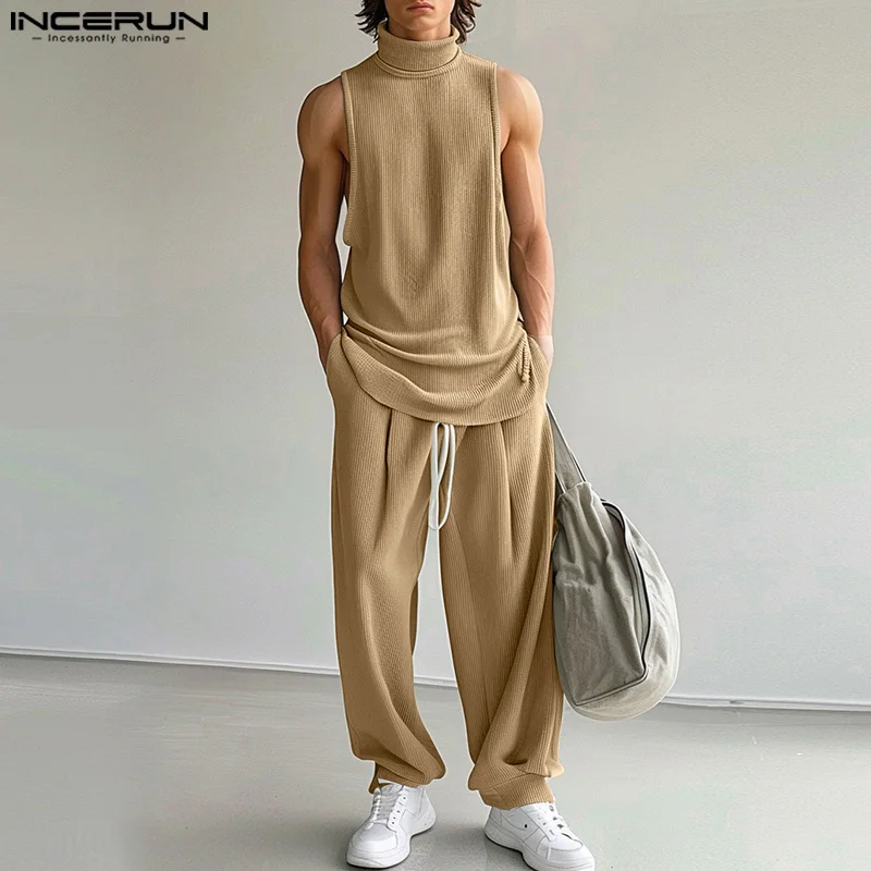 2024 Men Sets Solid Color Streetwear Turtleneck Sleeveless Tank Tops & Drawstring Pants 2PCS Fashion Men\'s Casual Suits INCERUN