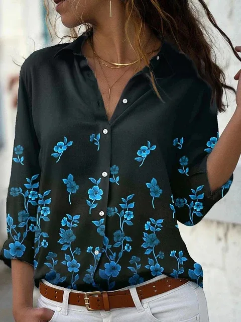 Camisa de manga larga con solapa cómoda para mujer, patrón de plantas Simple, nuevo estilo, Otoño, 2024