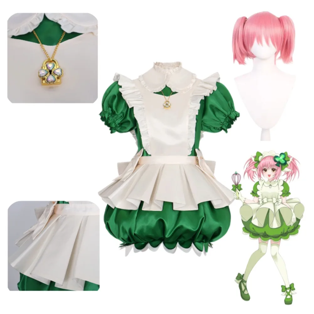 

Amu Hinamori Su Transformation Cosplay Costume Green Maid Dress with Apron Accessories Adult Women Halloween Comic Con Outfit
