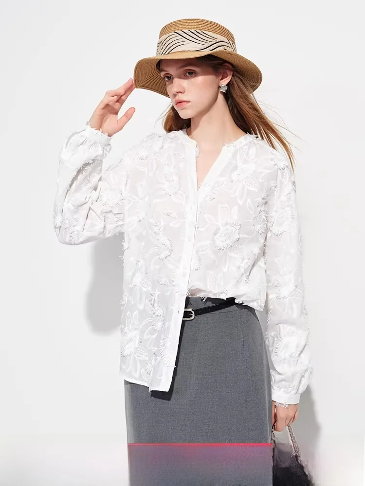 

Commuter Sle Long Sve round V-Ne Embroidered 3D Floral irt Van Slane Spring New Arrival Cotton Casual Busin Women...