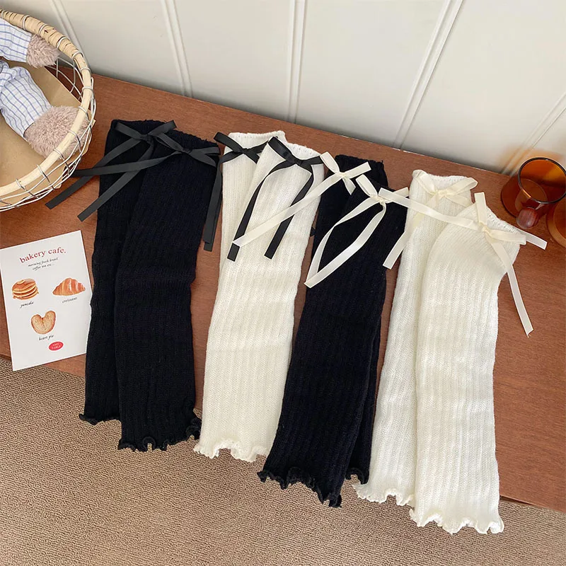 Calentadores de piernas de punto con lazo de cinta para mujer, bonitos calentadores blancos de estilo japonés JK para primavera/otoño, mangas largas de doble propósito