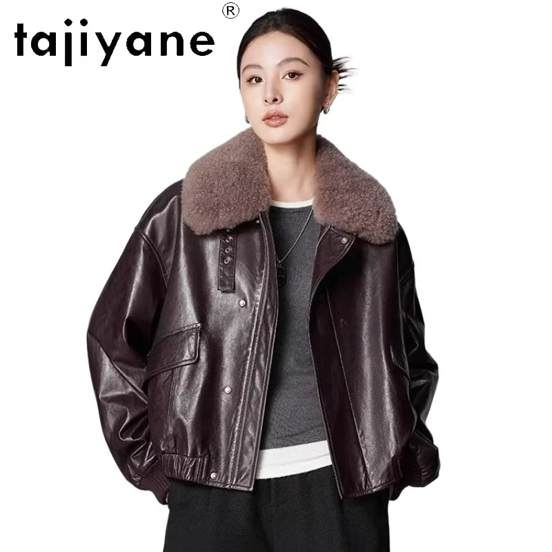 

TAJIYANE Oil Wax Sheepskin Puffer Jackets Women Short Camel Down Coats Cashmere Collar Real Leather Jacket 2025 Winter Clothing