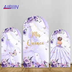 Mis Quince Girl 15th Birthday Arch Backdrop Cover Purple Flowers Princess Dress Butterfly Party Decor Elastic Background Prop