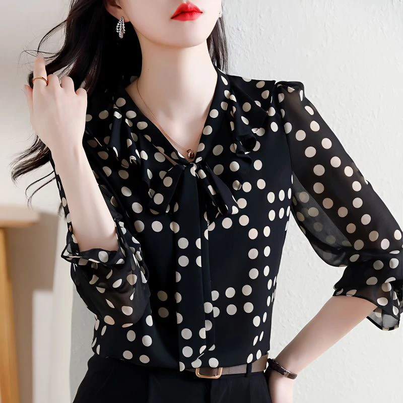 Summer Elegant Fashion Chic Sophisticated Shirt Office Lady Bow Three Quarters Sleeve V Neck Polka Dot Loose Casual Drape Top