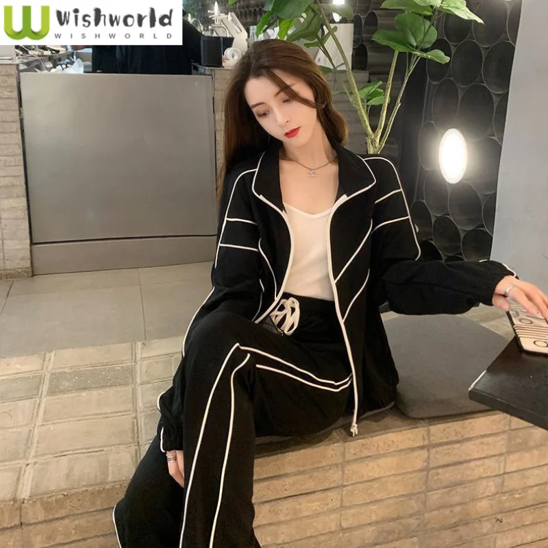 Fashion Sports Set Women\'s Autumn/Winter Korean Edition Age Reducing Top High Waist Wide Leg Pants Casual Two Piece Set