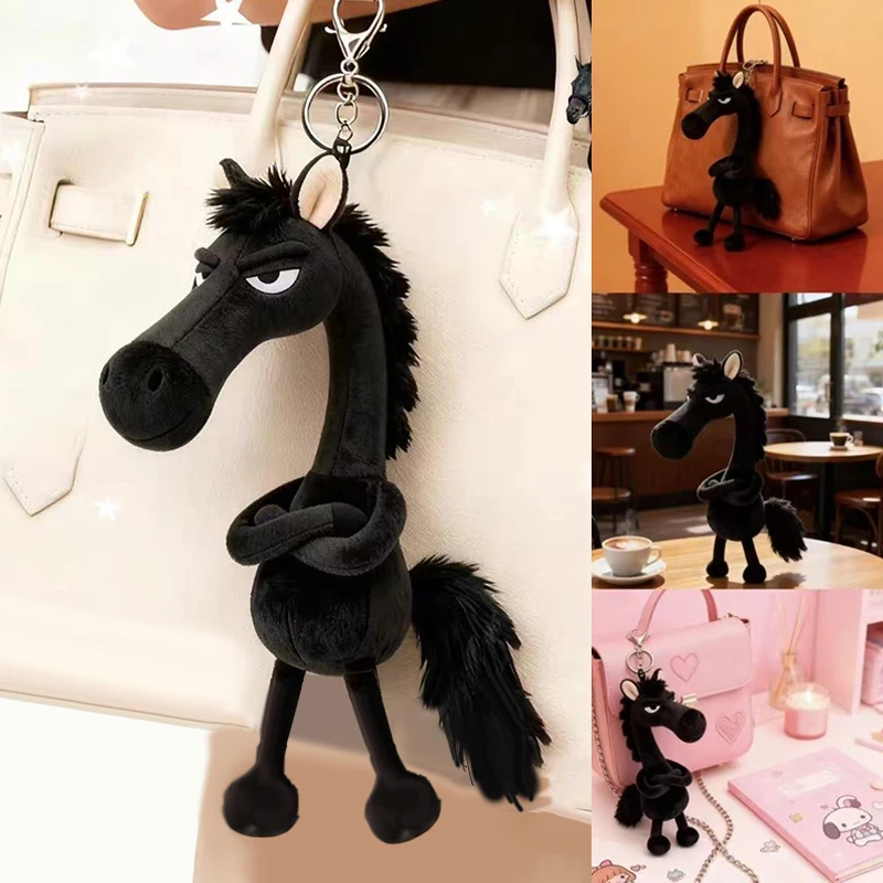 2026 Año del caballo mascota caballo colgante creativo dibujos animados caballo negro llavero de felpa colgante bolsa ornamento regalos de Año Nuevo