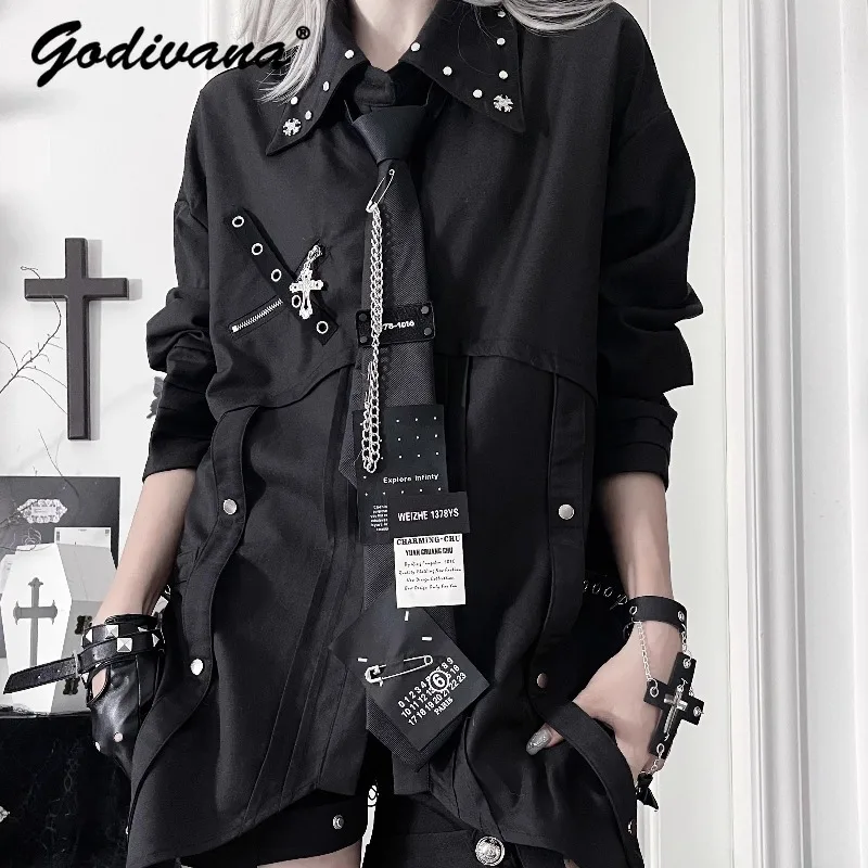 

New 2026 Spring Bf Wind Women's Cool Metal Tie Long Sleeve Shirt Harajuku Style Gothic Mid-length Blouse Shirt Loose Tops