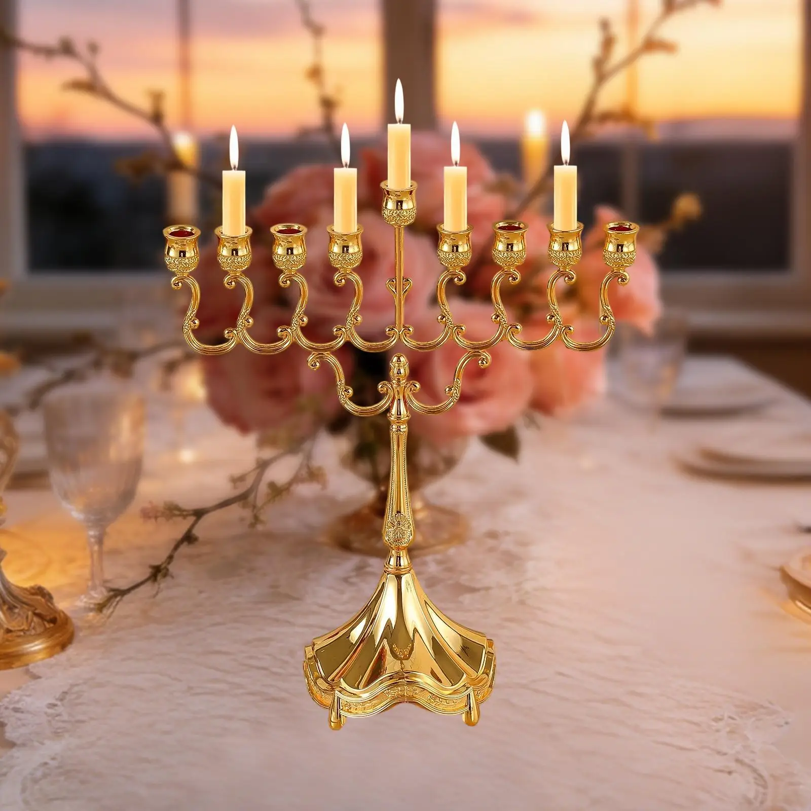 Hanukkah Menorah Candelabrum 9 Arms Desktop Zinc Alloy Candle Holder Candelabra for Christmas Banquet Living Room