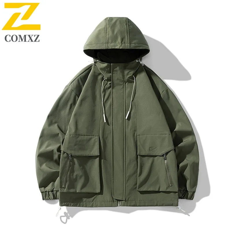 

COMXZ 2025 мужские куртки больших размеров, японская ветрозащитная одежда с капюшоном для кемпинга и путешествий, верхняя одежда, модное пальто для велоспорта
