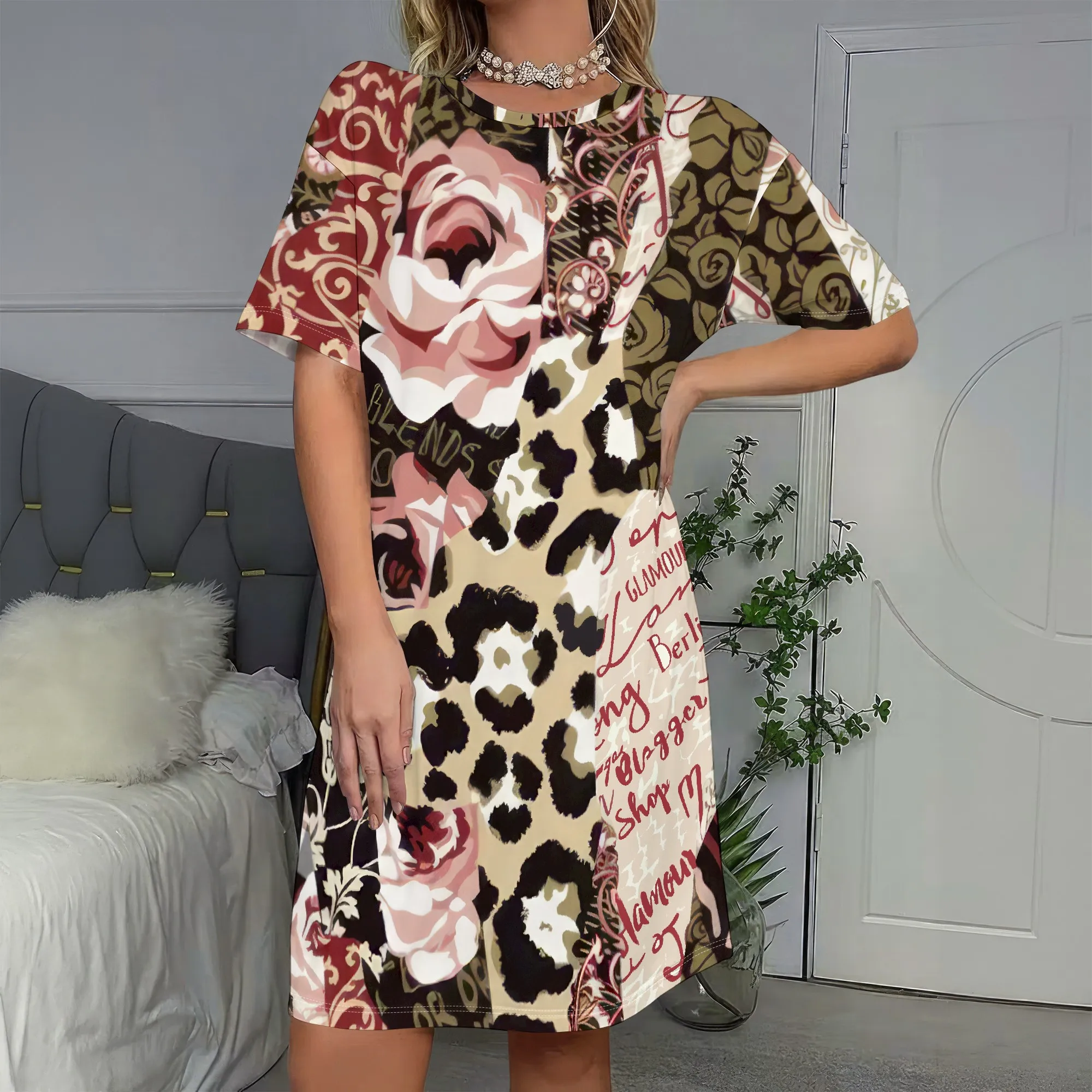 

Mixed Print Tunic Dress, Leopard Floral Patchwork Short Sleeve Shift Dress, Casual Summer Beach Wear for Women, S-2XL