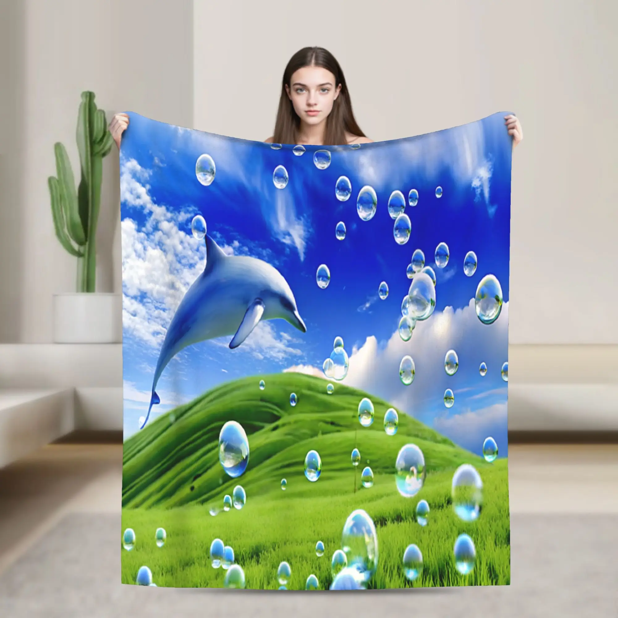 Frutiger Aero Dolphin Meadow Blanket Cover Aesthetic y2k 2000s Ironic  Fleece Throw Blankets Couch Decoration Soft Warm Bedsprea