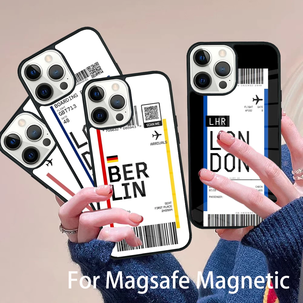 

Air ticket USA London Paris Tokyo Travel Phone Case Magesafe Magnetic Wireless Cover For IPhone 16 11 12 13 14 15 Pro Max Plus