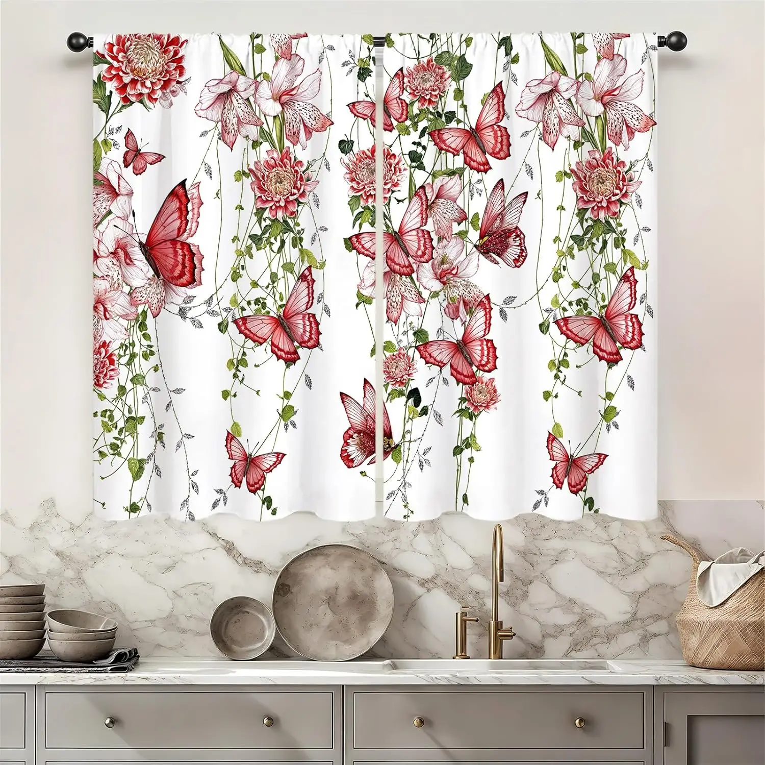 Pink Lavender Floral Butterfly Cafe Curtains, Spring Wildflower Short Rod Pocket Tier Drapes for Girls Kitchen Window Decor
