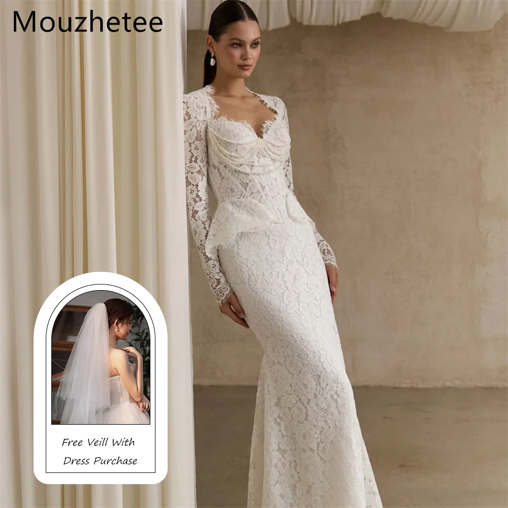 Mouzhetee Mermaid  Lace Elegant Wedding Dresses Long Sleeve Backless Preals Brides Gown Custom Made 2026