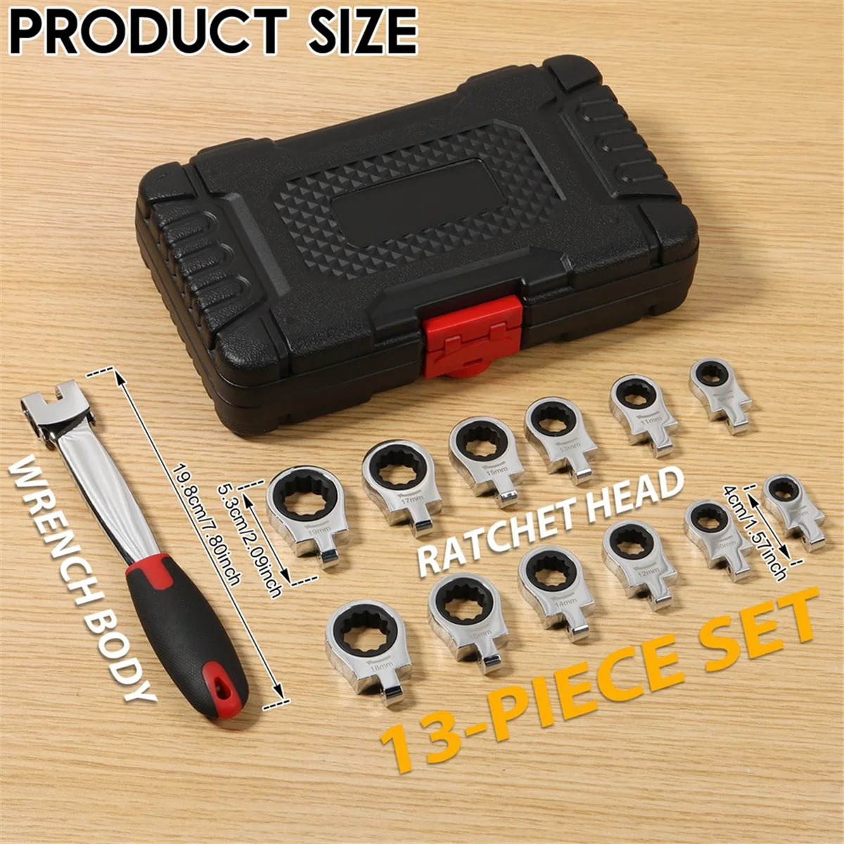 

Flex Head Ratcheting Wrench Set, 8-19mm Metric Ratchet Wrench Tool with Interchangeable Heads & Storage