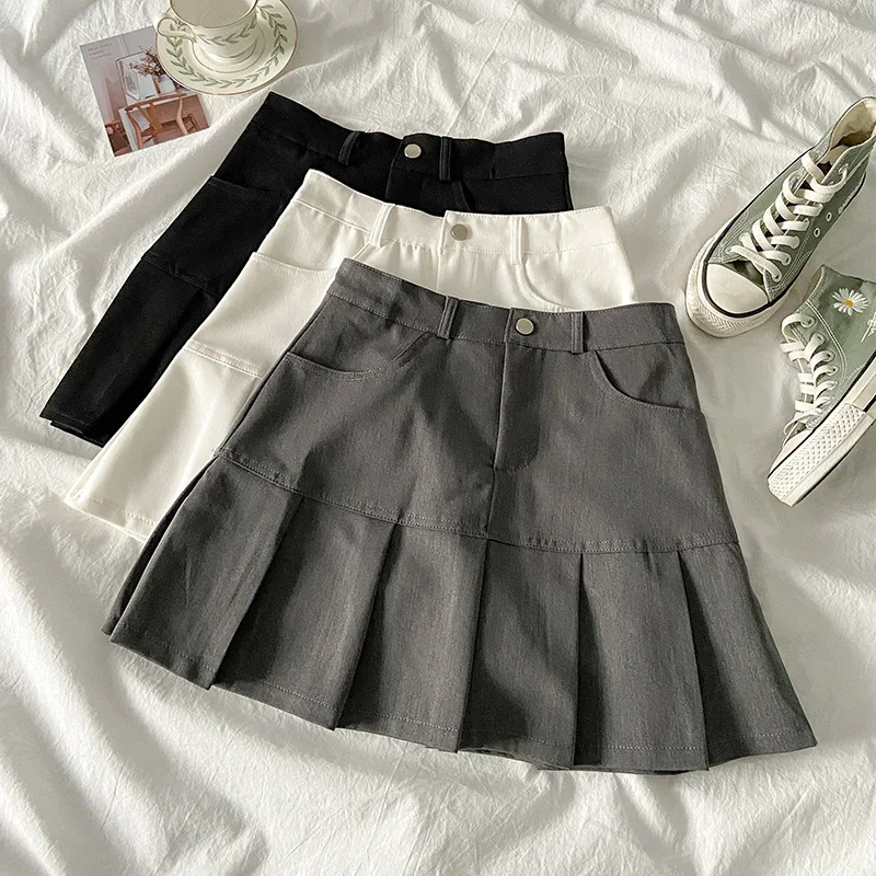 Pleated Skirt Women Y2k Harajuku White Pencil Skirt Uniforms Safety Pants Summer Solid Color Casual Mini Kawaii Skirt Fashion