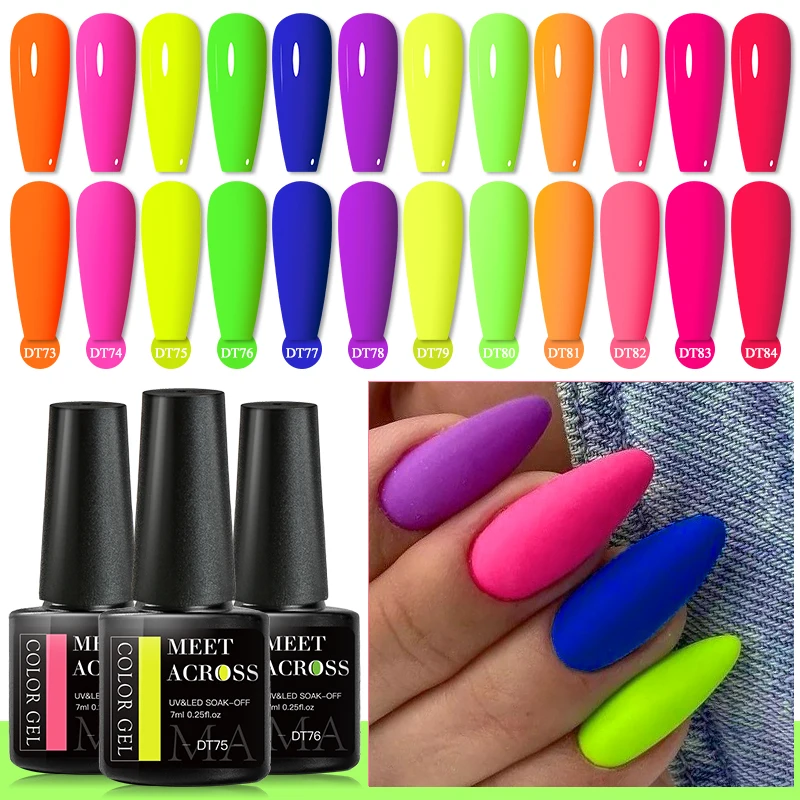 MEET ACROSS 7ml Fluorescent Neon Gel Nail Polish Sparky Semi Permanent Soak Off Nail Art UV LED Gel Varnish For Manicure