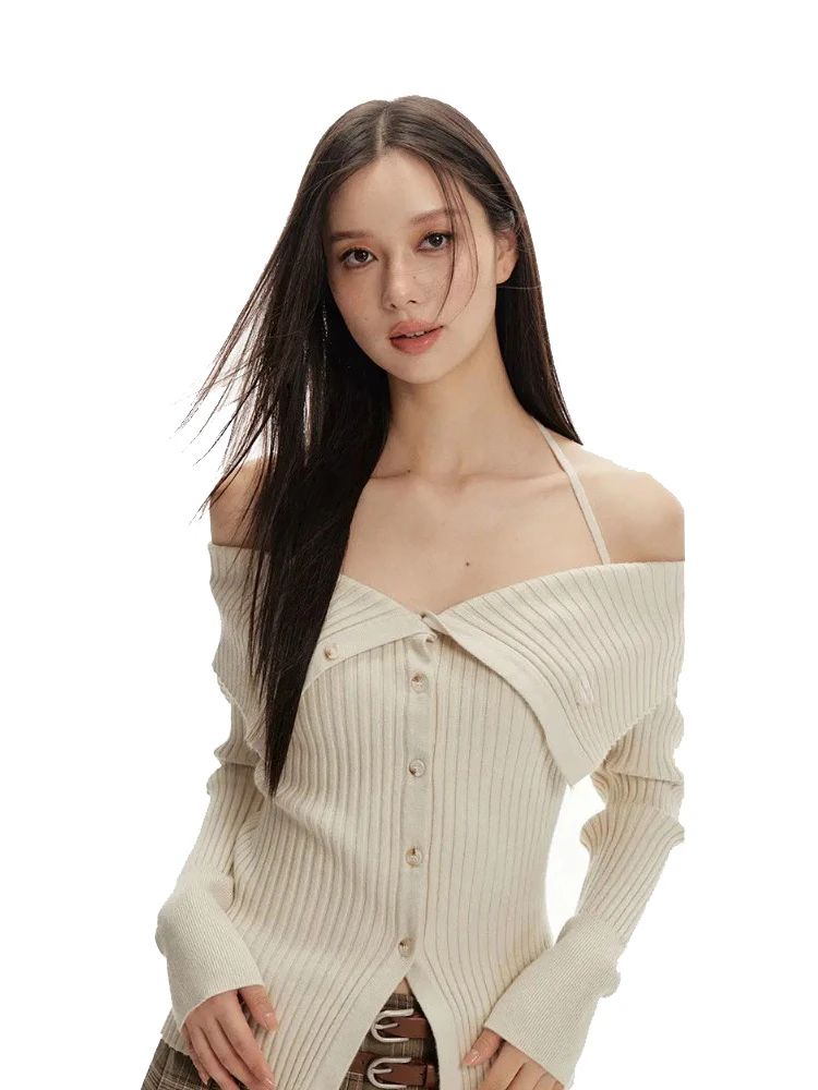 Spring Slash Neck Off Shoulder Women Cardigans Y2k Aesthetic Slim Vintage Grunge Sweaters Trendy Bandage Halter Knitwear Female