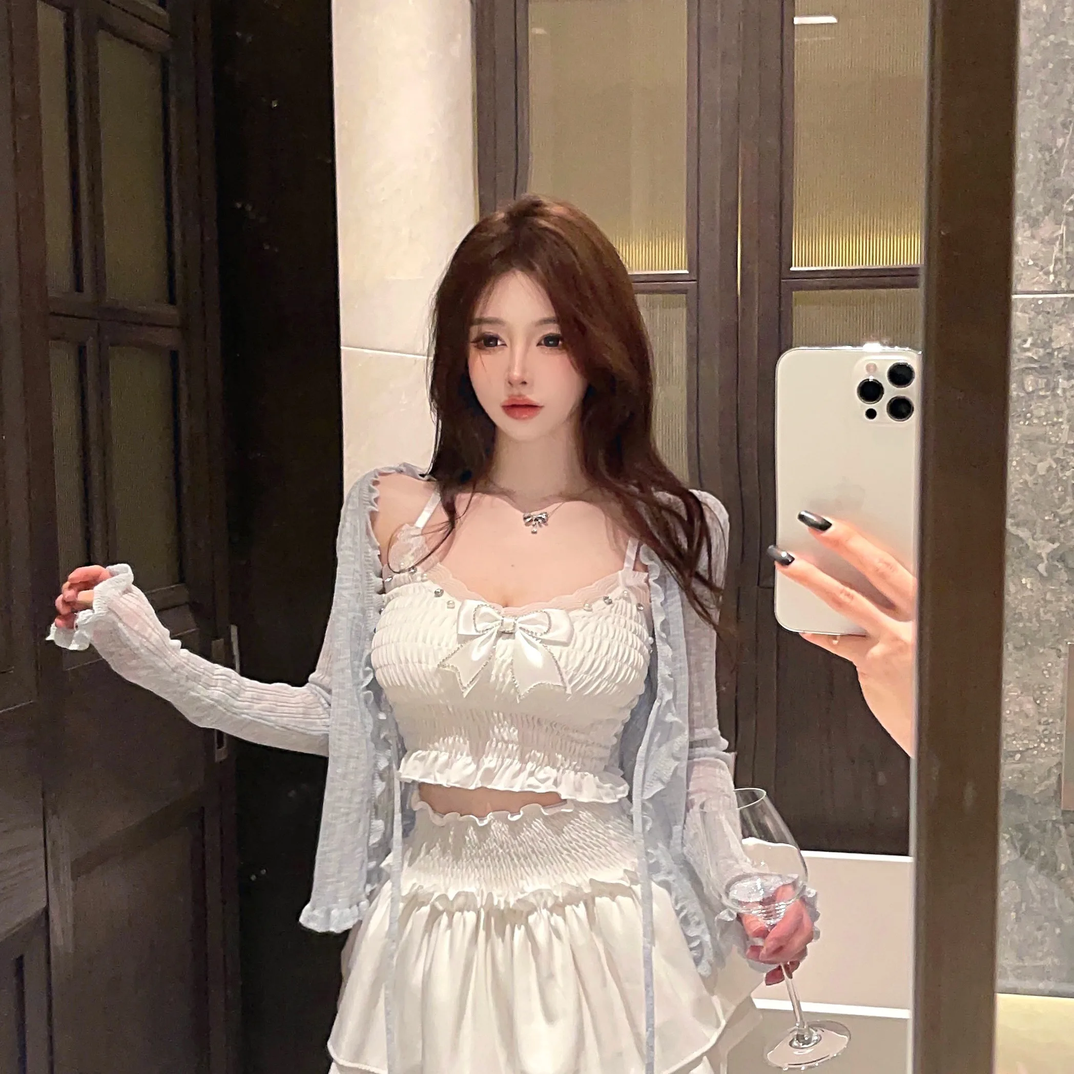 

Новое поступление лета, вязаный кардиган с кружевной отделкой, топ Csole, пышная юбка, комплект из футболки, женский ансамбль Faion Long Sve