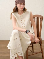 FSLE【Premium Series】Summer Women Linen Two Piece Set Cut-Out Embroidered Sleeveless Top Midi Skirt Boho Beach Vacation Style - Image 3