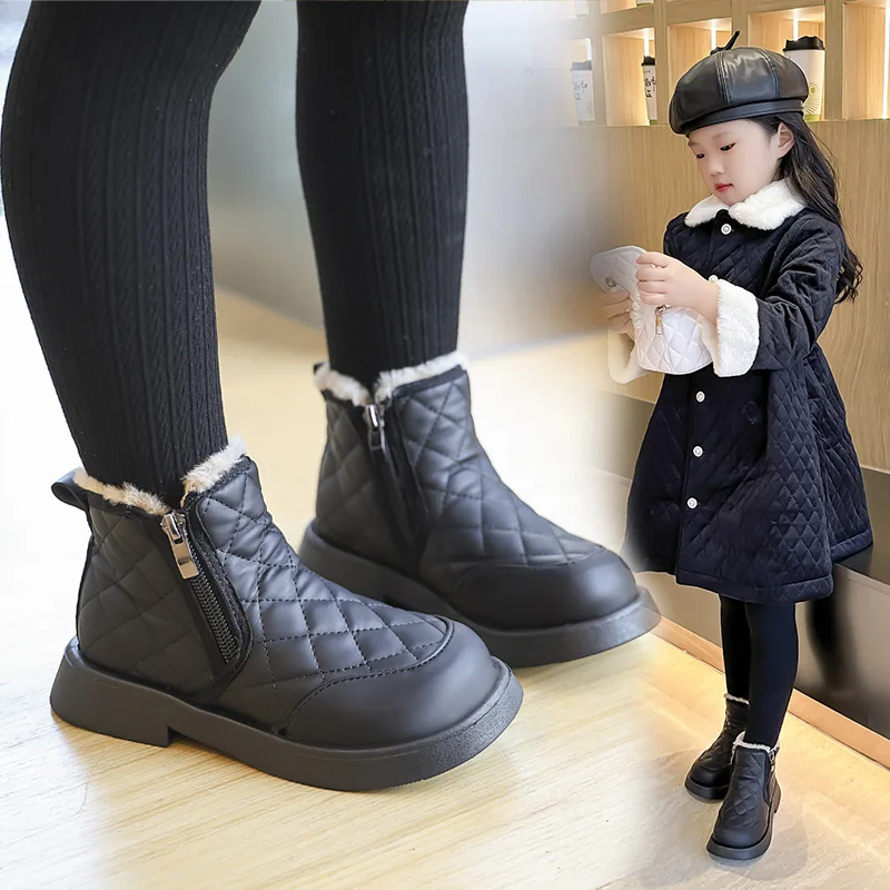 England Style High Top Winter Shoes Kids new 2025 Fashion Plaid Leather Boots Children Side Zipper Warm Boys Girls Snow Boots