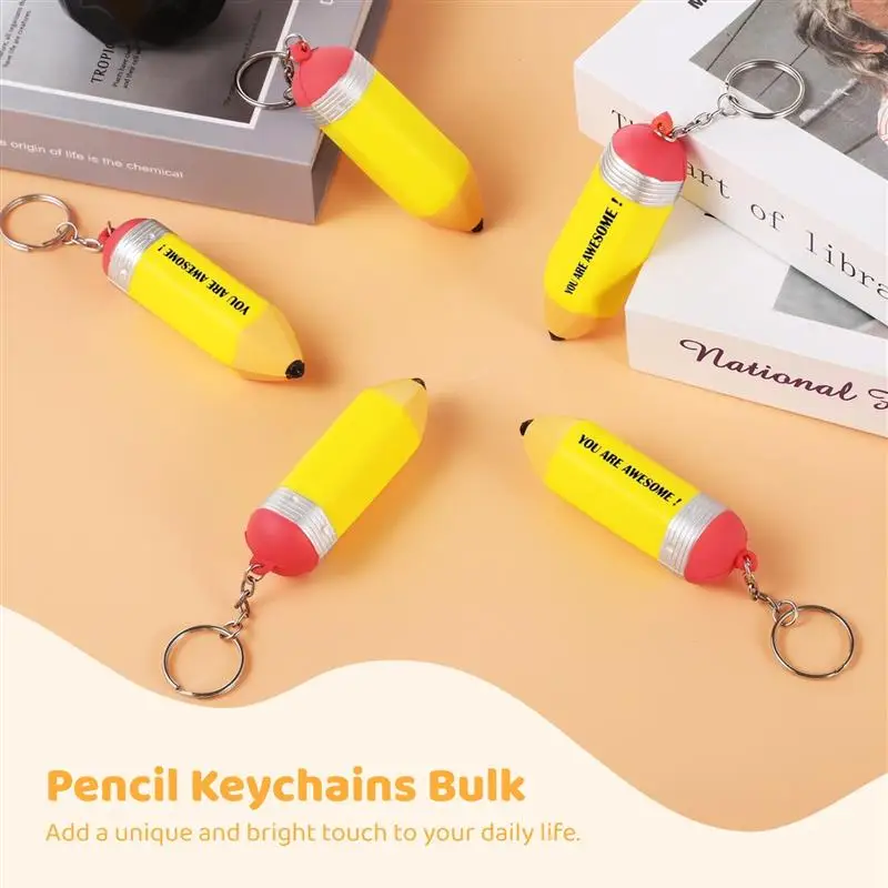 25Pcs Pencil Keychains Bulk PU Squeeze Keychains Cute Teacher Key Chains Pencil Shaped Stress Balls Teacher Appreciation Gifts