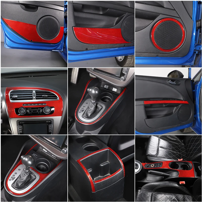 

For Seat Leon 2008-2012 Red Carbon Fiber Interior Kit Dashboard Console Gear Shift Panel Decoration Cover Trim Stickers