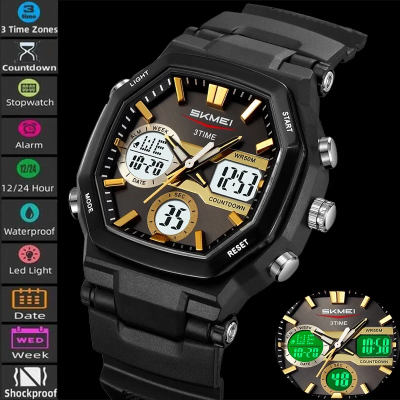 Skmei Спортивные часы унисекс с календарем, аналоговый цифровой дисплей, светодиодный водонепроницаемый три часовых пояса, 12, 24-часовой будильник, мужской