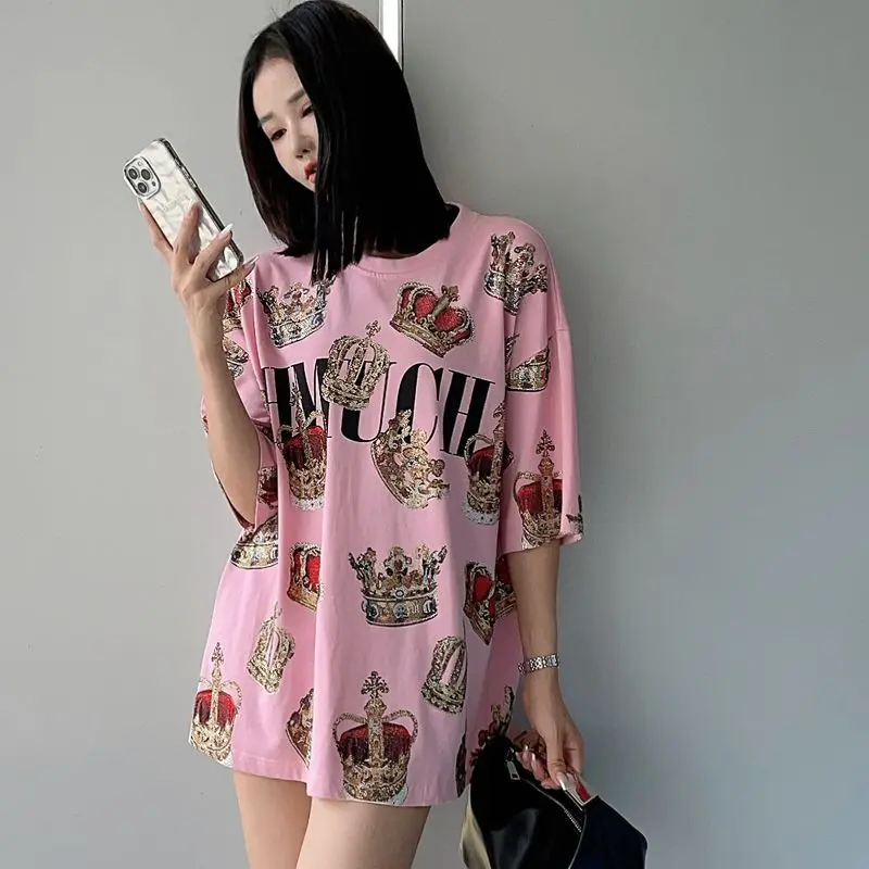 Fashion New Spring Summer Loose Short Sleeve T-shirt Luxury Crown Hot Diamonds Round Neck Pullover Top Oversize Pink Cotton Tees