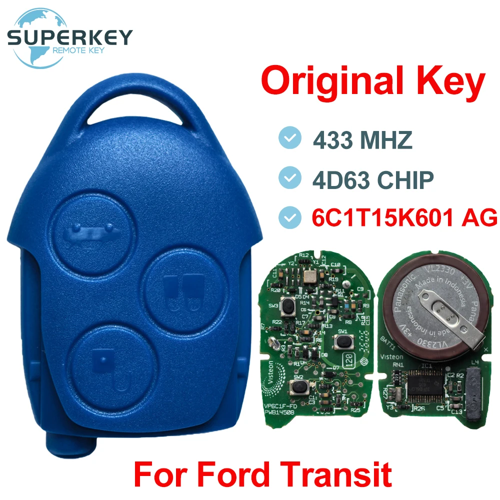 Original P/N:6C1T15K601AG 3 Button Remote Key OEM 433MHz 4D63 for Ford Transit 2006 2007 2008 2009 2010 2011 2012 2013 2014