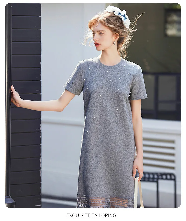 Vestido recto con borlas de verano para Mujer, Vestidos por debajo de la rodilla de manga corta con cuentas de perlas, Vestidos informales lisos a la moda para Mujer
