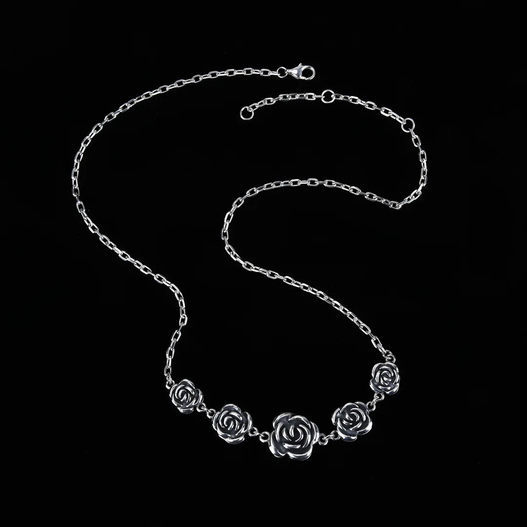 Hohe Qualität Retro Rose Blume Thai Silber Weibliche Halskette Schmuck Für Frauen Weihnachten Geschenke Kurze Ketten Nie Verblassen – Detail 6