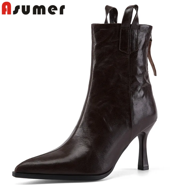 

ASUMER 2024 New Pointed Toe Patent Leather Ankle Boots Thin High Heels Zipper Shoes Elegant Ladies Pleated Autumn Boots