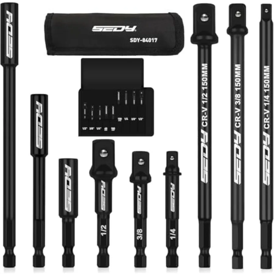 

9-Piece Impact Socket Adapter Set, 1/4" 3/8" 1/2" Driver Socket Adapter, Power Drill Bit Extension, Magnetic Screwdriver Bit Ho