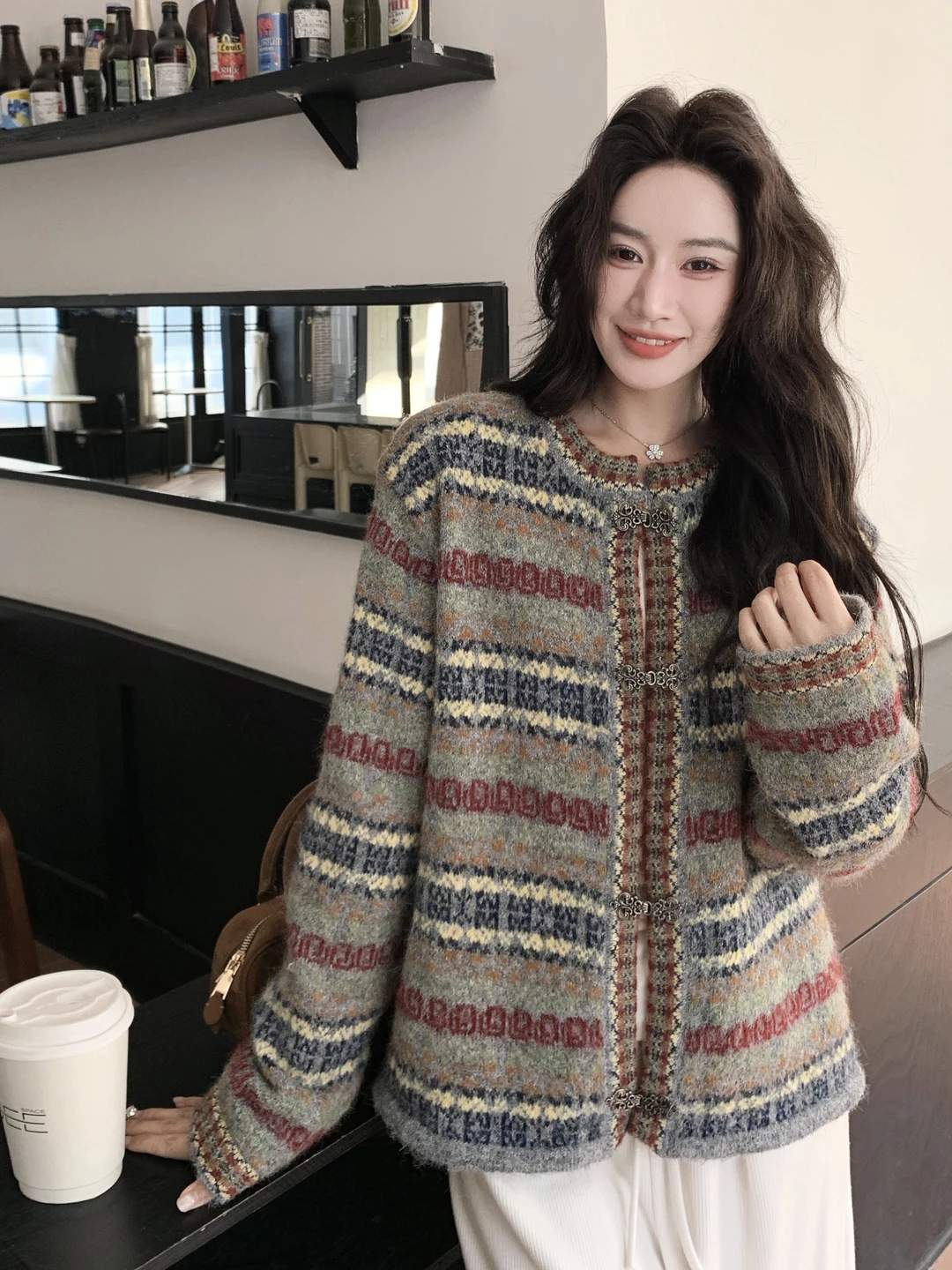 

Comfortable Knitted Cardigan Women's Spring Autumn Stripe Pattern round Neck Soft Cozy Stylish Sweater Jacket Commute Style
