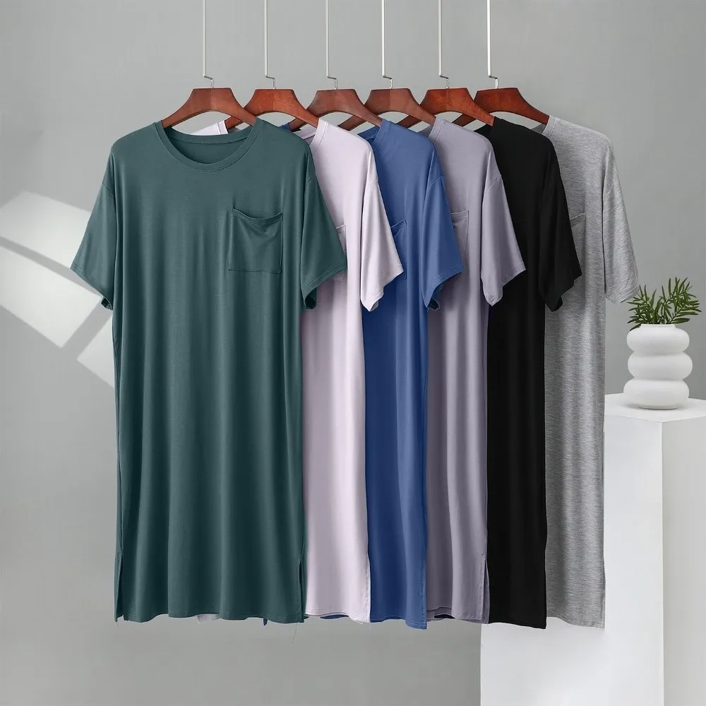 Homewear Knee-Length Men's Sleeping Dress Elastic Soft Night-robe with Pocket Plus Size Modal Pajamas Travel