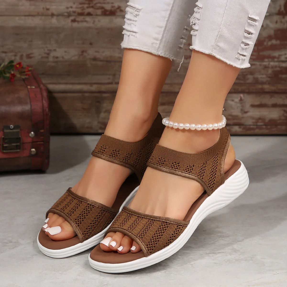 Women Summer 2024 New Fashion Sandals Mesh Casual Fish Mouth Sports Sandals Plus Size 43 Flying Woven Flat Shoes Sandalias Mujer