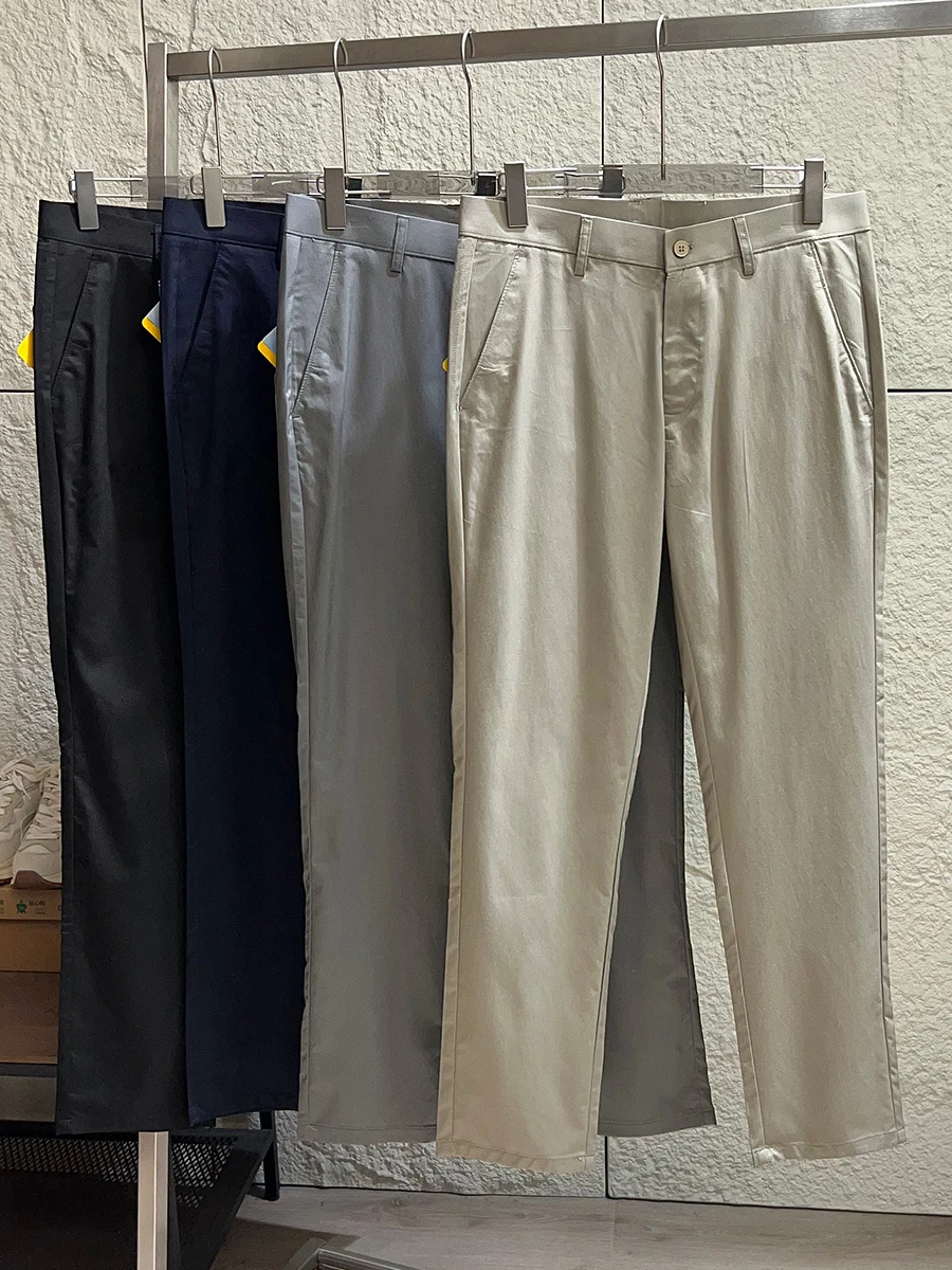 

Business Casual Straight Leg Pants Men's Spring Summer Silk Blend Soft Smooth Comfortable Youth mid Waist Button Fly