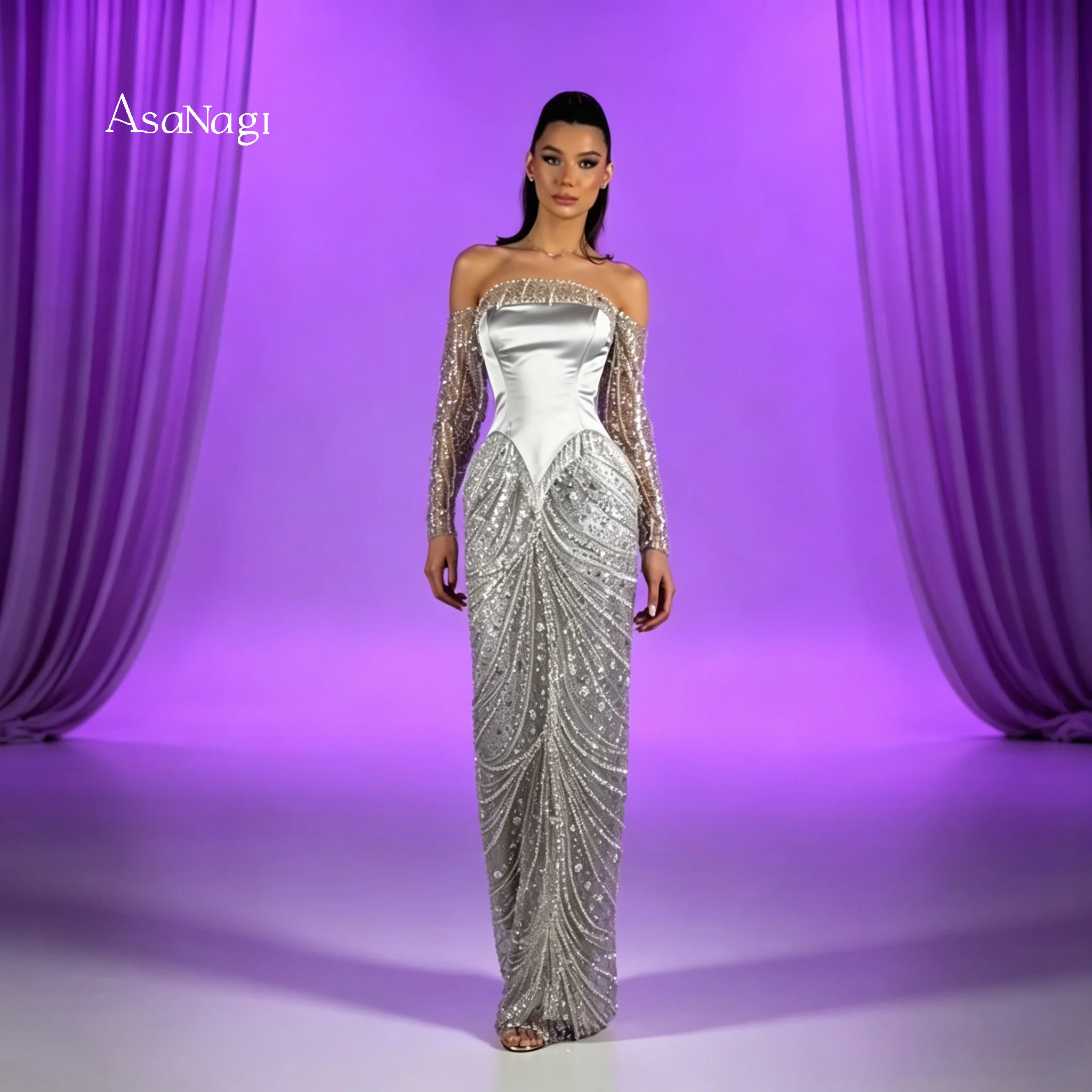 

Sexy silver strapless mermaid evening gown, French-style rhinestone-embellished, luxurious tassel backless long dress