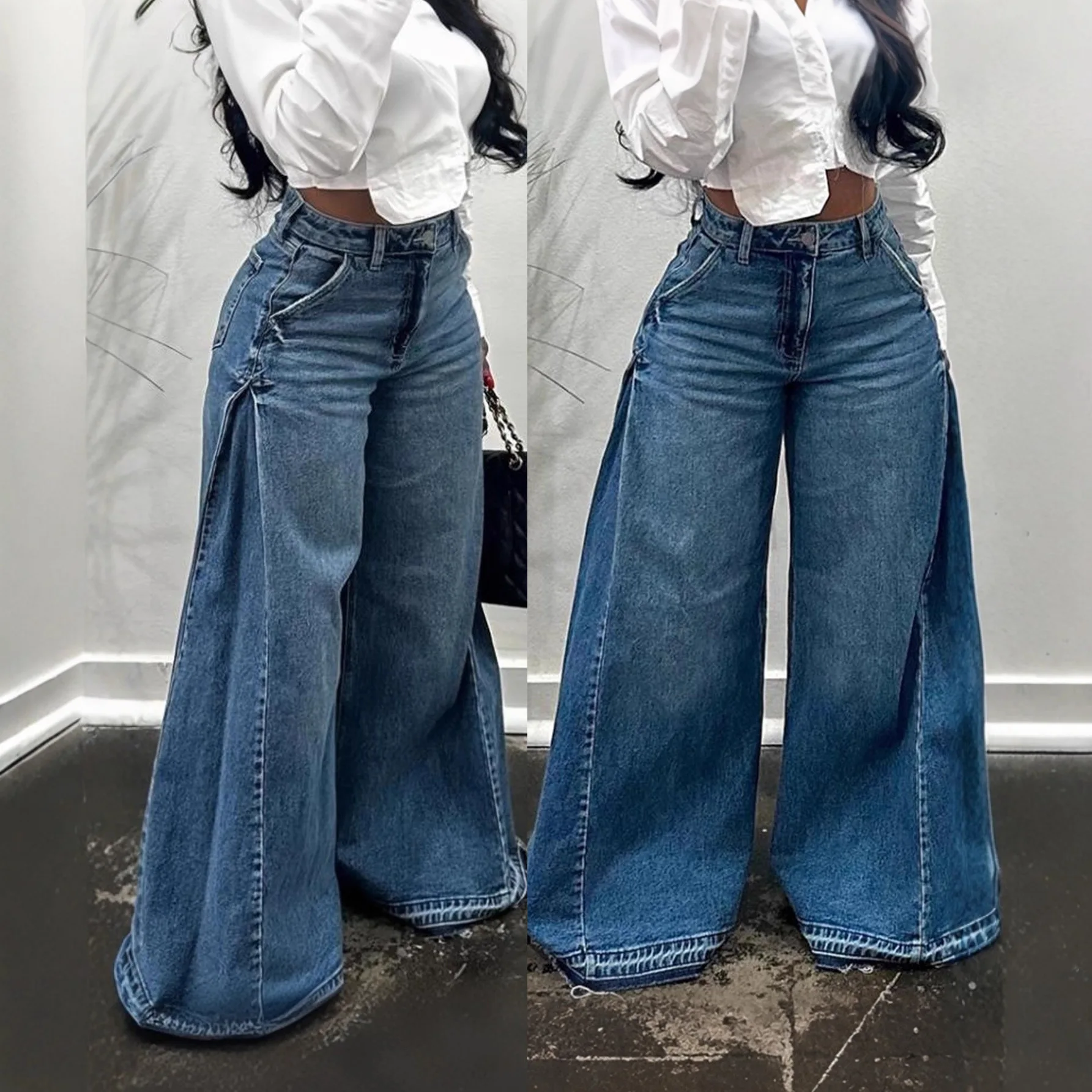 

Retro Wide Leg Denim Jeans Women's Y2K Design Flared Pants Loose Versatile Floor-Length Trousers High Waist Pure Color