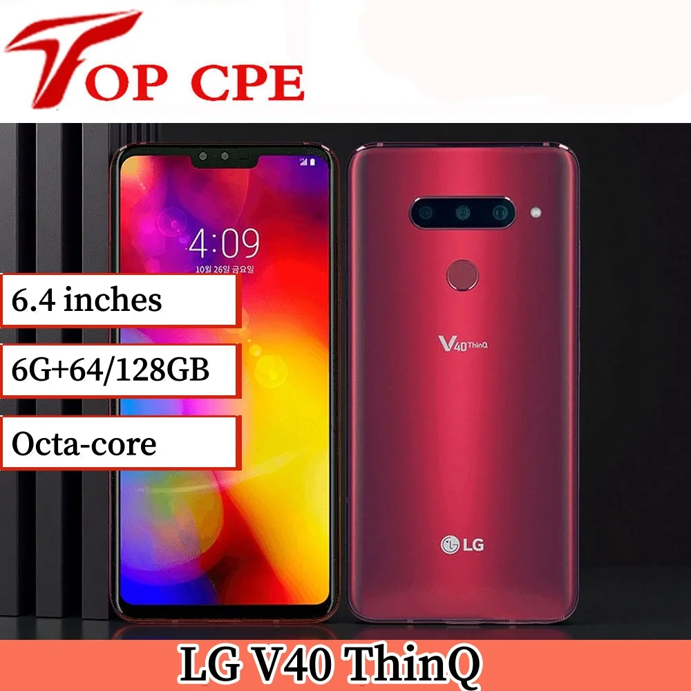 T�l�phone portable d'occasion LG V40 ThinQ original, 6,4 pouces, 6 Go + 64 Go/128 Go, 1 SIM, Android, Octa Core, double cam�ra frontale, 3 cam�ras arri�re, lecteur d'empreintes digitales, NFC
