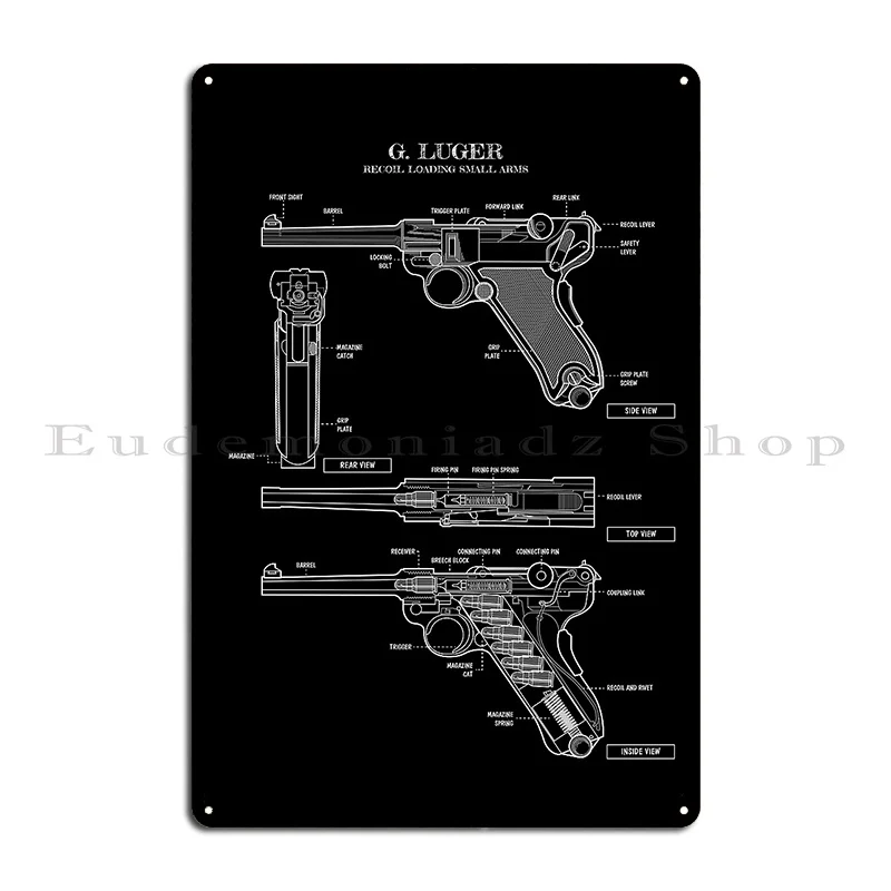 Luger Recoil Loading Small Arms White Stencil No Background Metal Signs Rusty Wall Cave Character Cinema Funny Tin Sign Poster